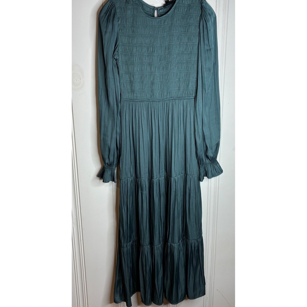 August Sky Women Green Smocked Tiered Midi Dress Long Sleeve Sz S Autumn Wedding
